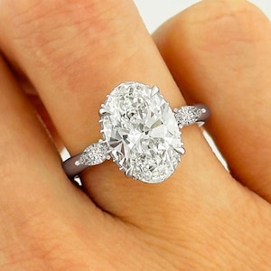 3 Carat Oval Lab Grown Diamond Ring 3 CT Oval Diamond Thin Engagement Ring Dainty Ring Small Pear Side Diamonds 14K Gold Hidden Halo