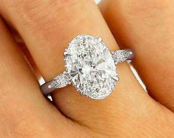 3 Carat Oval Lab Grown Diamond Ring 3 CT Oval Diamond Thin Engagement Ring Dainty Ring Small Pear Side Diamonds 14K Gold Hidden Halo