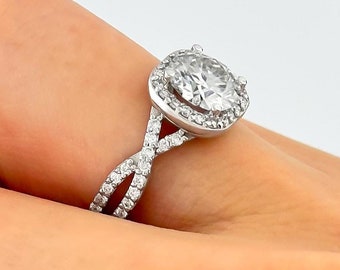 1 CT Round Lab Grown Diamond Engagement Ring Halo Diamond Wedding Ring Braided Ring 14k White Gold