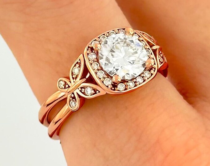1 Carat Lab Grown Diamond Halo Engagement Ring Nature Inspired Butterfly Unique Ring 14k Rose Gold IGI Certified