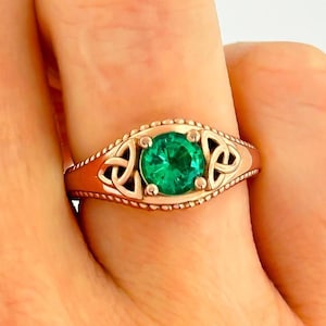 Round Emerald Engagement Ring Celtic Trinity Knot 14k Rose Gold Wedding Ring Unique Irish Triquetra Ring