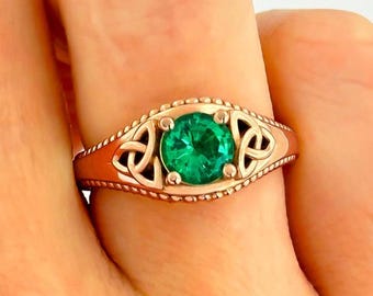 Round Emerald Engagement Ring Celtic Trinity Knot 14k Rose Gold Wedding Ring Unique Irish Triquetra Ring