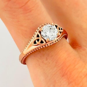Celtic Engagement Ring 14k Rose Gold Ring Celtic Design 1 CT Round Lab Grown Diamond Dainty Wedding Ring
