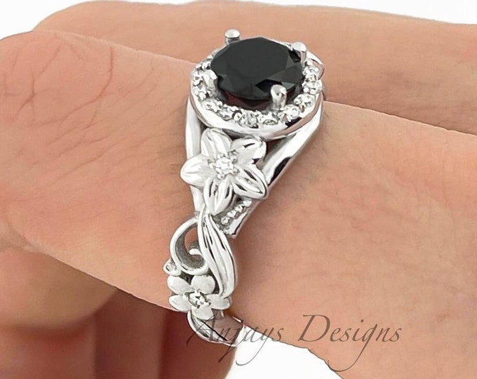 Flower Engagement Ring 14k White Gold Floral 1 CT Black Diamond Wedding Ring Nature Inspired