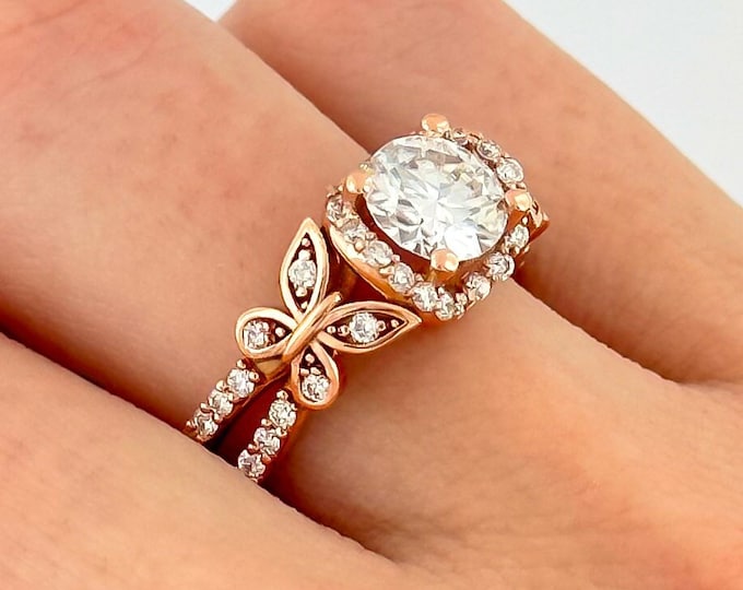 Diamond Butterfly Ring 1 CT Lab Grown Diamond Engagement Ring 14k Rose Gold