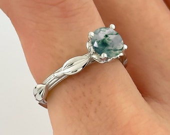 Dainty Natural Moss Agate Engagement Ring Leaf Nature Inspired 14k White Gold