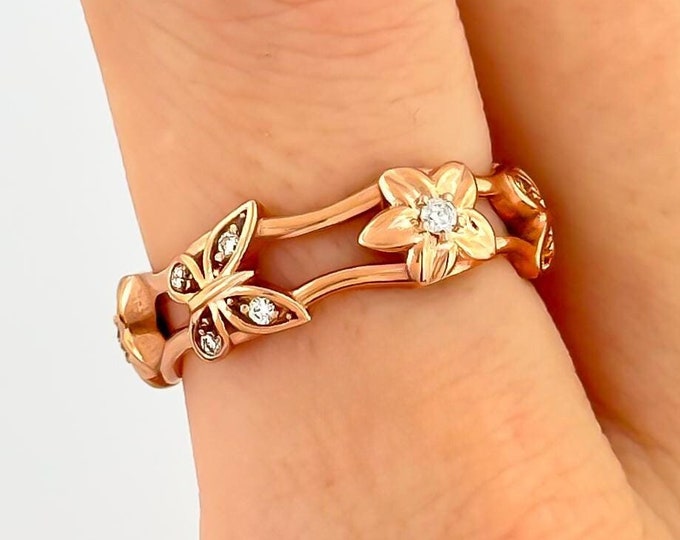 14k Rose Gold Diamond Band Butterfly Wedding Ring Nature Inspired Engagement Ring