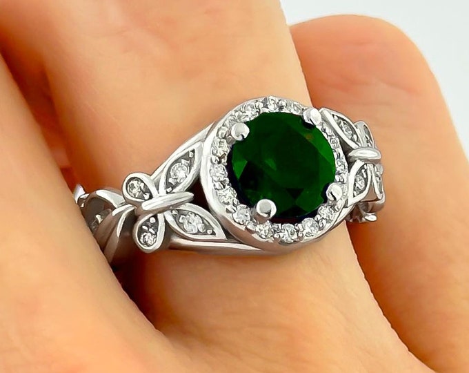 Emerald Engagement Ring May Birthstone Butterfly Green Gemstone Ring