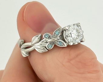 Nature Inspired Engagement Ring 14k White Gold Gemstone Vintage Leaf Vine Ring
