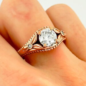 1 Carat Lab Grown Diamond Round Engagement Ring Nature Inspired Leaf and Vine Ring 14k Rose Gold