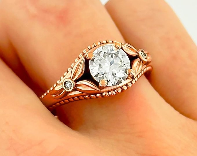 1 Carat Lab Grown Diamond Round Engagement Ring Nature Inspired Leaf Ring