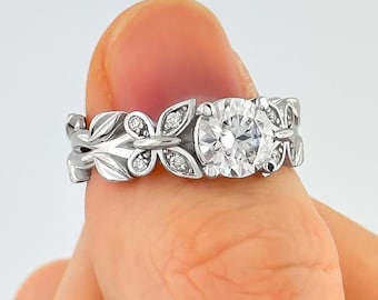 Nature Inspired Engagement Ring 14k White Gold Diamond Butterfly Leaf Vine Ring 1 CT Lab Grown Diamond