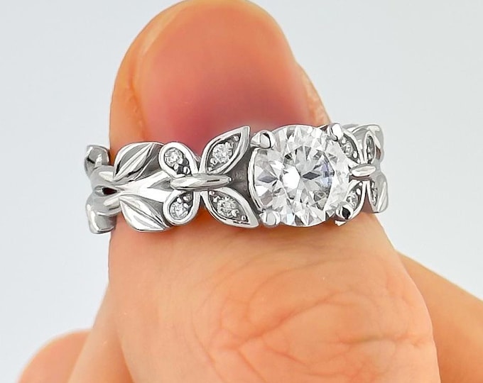 Nature Inspired Engagement Ring 14k White Gold Diamond Butterfly Leaf Vine Ring 1 CT Lab Grown Diamond