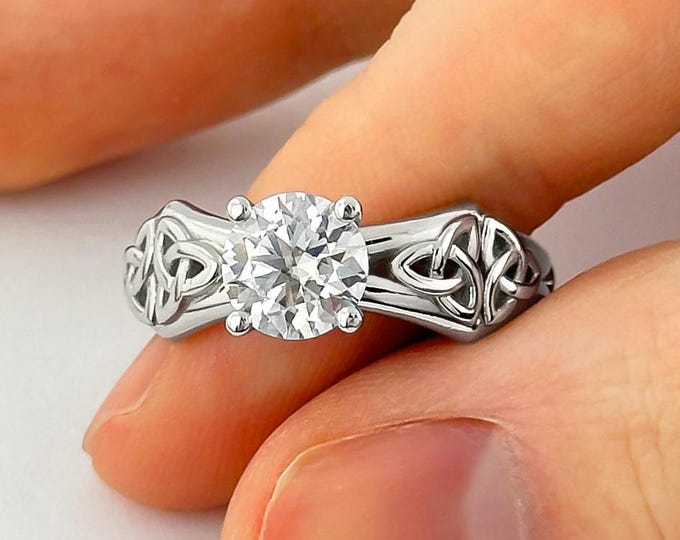 Celtic Engagement Ring 1 Carat Round Brilliant Lab Grown Diamond Trinity Knot Wedding Ring Triquetra Diamond Ring 14k White Gold