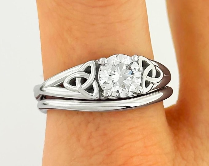 Celtic Bridal Set 1 Carat Lab Grown Diamond 14k White Gold Ring Unique Trinity Knot Proposal Ring with Matching Band