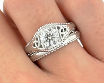 Diamond Celtic Bridal Set 14k White Gold 1 Carat Lab Grown Diamond Engagement Ring IGI Certified Anniversary Gift