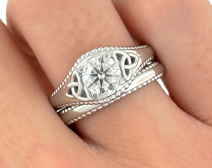 Celtic Knot Engagement Set 14k White Gold 1ct Lab Grown Diamond Minimalist