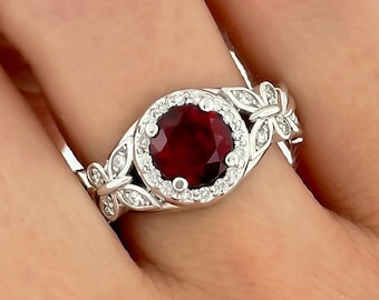 Ruby Butterfly Engagement Ring 14k Gold Flower Ring