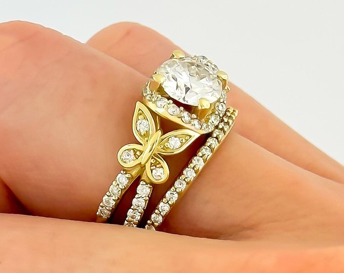 Diamond Butterfly Engagement Ring Set 14k Gold 1 Carat Round IGI Certified D Color VS1