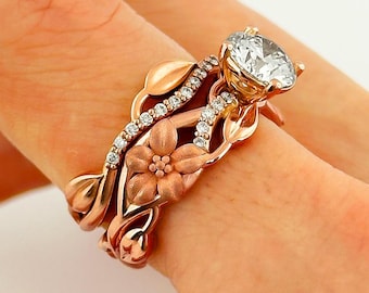 1.5 Carat Round D VS1 Lab Grown Diamond Nature Inspired Bridal Set 14k Rose Gold Unique Flower Leaf Engagement Set