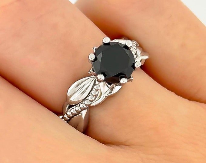 Leaf & Vine Engagement Ring 14k White Gold Black Diamond Wedding Ring