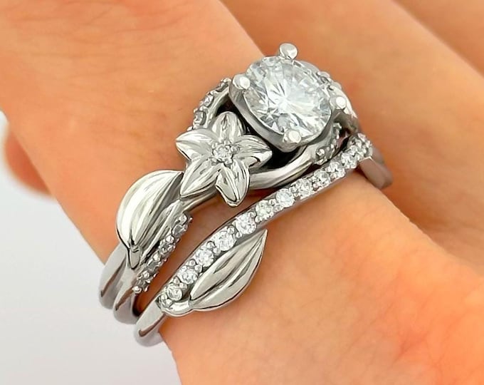 Flower Engagement Set 1ct Round Lab Diamond Nature Inspired
