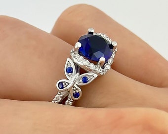 Blue Sapphire Butterfly Engagement Ring 14k White Gold Ring Diamond Ring