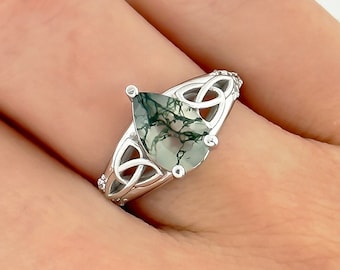 Moss Agate Engagement Ring Celtic Pear Shaped 14K White Gold Ring