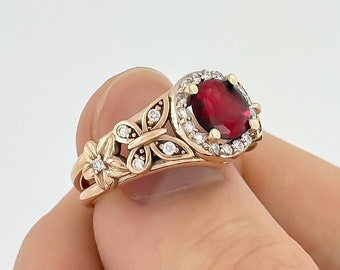 Ruby Engagement Flower Ring Nature Inspired Wedding Ring July Birthstone
