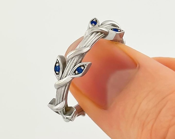 14k White Gold Blue Sapphire Ring Leaf and Vine Band Unique Wedding Band Promise Ring Round Blue Sapphires Band
