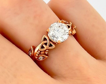 Celtic Trinity Knot Ring Nature Inspired 14k Rose Gold Bridal Diamond Ring