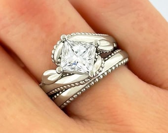 1 Carat Princess Cut F VS1 Lab Diamond Solitaire Bridal Set Unique Engagement Ring Set in 14k White Gold IGI Certified