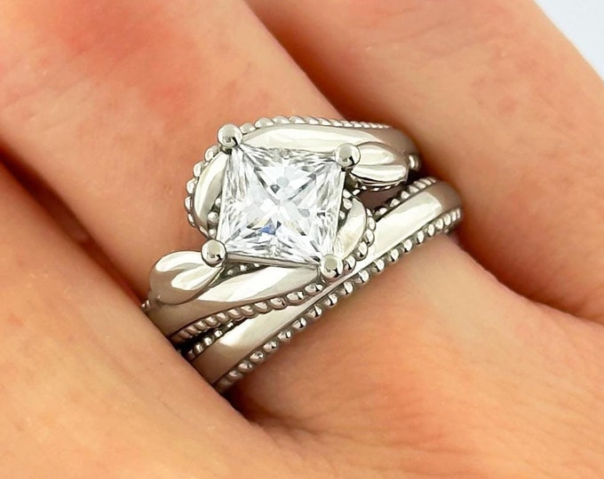 1 Carat Princess Cut F VS1 Lab Diamond Solitaire Bridal Set Unique Engagement Ring Set in 14k White Gold IGI Certified