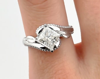 Princess Cut Moissanite Engagement Ring Unique Bridal Ring Unique 14k Gold Engagement Ring