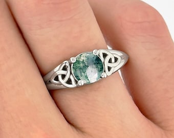 Green Moss Agate Ring Celtic Engagement 14K White Gold Ring Round 1 Carat Moss Agate Ring