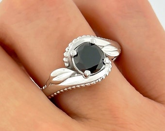 Black Diamond Floral Engagement Ring 14k White Gold Wedding Ring