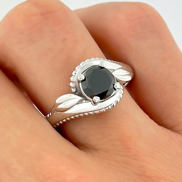 Black Diamond Floral Engagement Ring 14k White Gold Wedding Ring