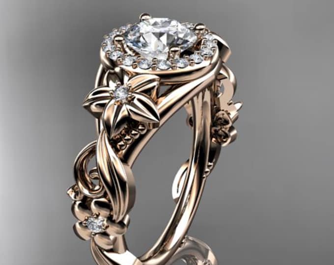 1 Carat Lab Grown Diamond Ring - Nature Inspired Engagement Ring - 1 CT Diamond Halo - 14k Rose Gold Flower Wedding Ring