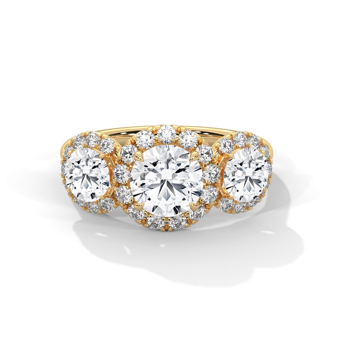 1 Carat Round Diamond Three Stone Halo Ring - 3 Stone Engagement Ring ...
