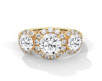 1 Carat Round Diamond Three Stone Halo Ring - 3 Stone Engagement Ring Round IGI Certified - 14k Yellow Gold Lab Grown Diamond Ring