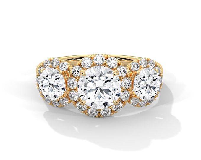 1 Carat Round Diamond Three Stone Halo Ring - 3 Stone Engagement Ring Round IGI Certified - 14k Yellow Gold Lab Grown Diamond Ring