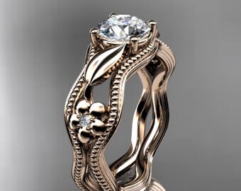 Lab Grown Diamond Flower Engagement Ring Nature Inspired 14k Rose Gold Leaf Wedding Ring 1 Carat Diamond IGI Certified