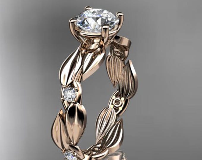 1 Carat Round Lab Grown Diamond Nature Inspired Engagement Ring Leaf and Vine 14k Rose Gold Nature Ring