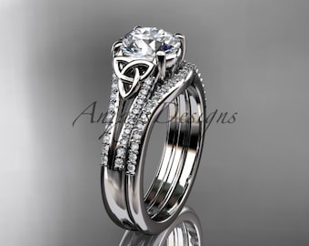 Celtic Engagement Ring Set 1 Carat Round Diamond 14K White Gold IGI Certified Matching Wedding Band Trinity Knot Bridal Set