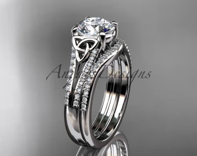 Celtic Engagement Ring Set 1 Carat Round Diamond 14K White Gold IGI Certified Matching Wedding Band Trinity Knot Bridal Set