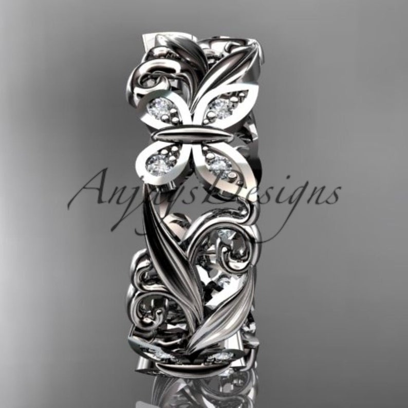 Butterfly Wedding Band Diamond Wedding Band 14k White Gold Promise Ring Leaf Vine Ring Women's Wedding Ring Anniversary Gift image 6