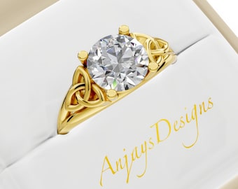 Celtic Engagement Ring 14k Yellow Gold 2 Carat Round Diamond IGI Certified Lab Grown Diamond Trinity Knot Wedding Ring