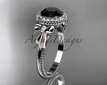 Halo Black Diamond Milgrain Engagement Ring Platinum Bow Knot Wedding Ring For Women