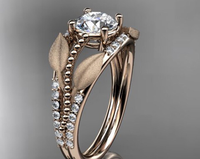 Leaf Engagement Ring 14k Rose Gold Lab Grown Diamond Ring Unique Beaded Wedding IGI Certified Nature Inspired