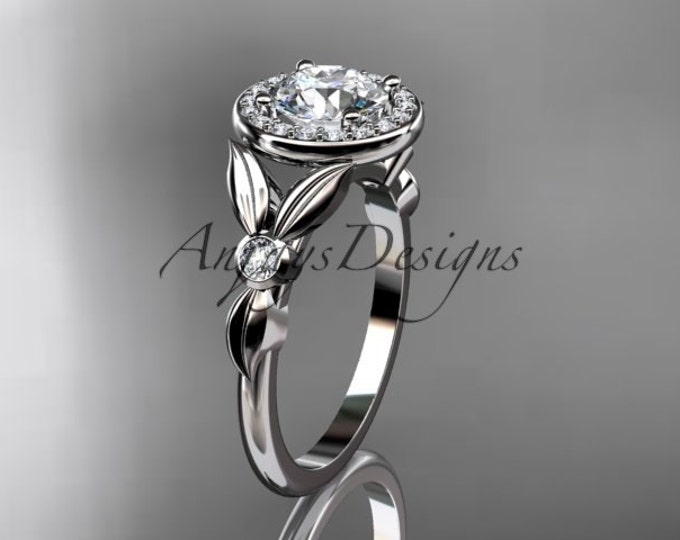 Round Lab Diamond Halo Engagement Ring 1 CT Diamond IGI Certified Leaf Wedding Ring Nature Inspired